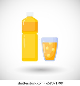 Orange juice bottle and glass vector flat icon, Flat design of food, health care or summer object with round shadow, plastic water bottle illustration