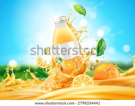 Orange juice bottle mockup with splash banner design. Fresh orange juice splashing with whole fruit and slices on bright blue sky and nature background, 3d realistic vector illustration.