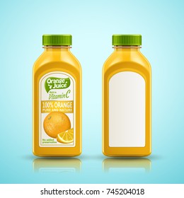 Orange juice bottle set, package design with label isolated on blue background in 3d illustration