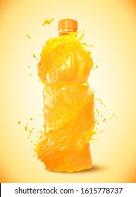 Orange juice in bottle shape in 3d illustration