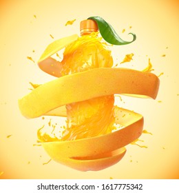 Orange juice in bottle shape with swirl peel in 3d illustration