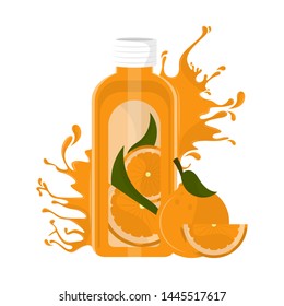 Orange juice bottle with splash and fruit - Vector
