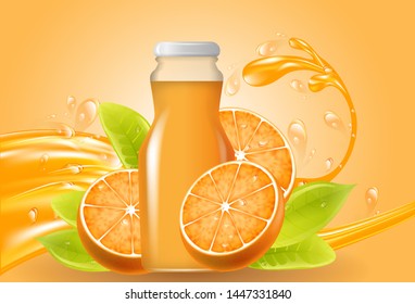 Orange juice bottled drink with fresh fruits and splashing liquid, Natural Product Concept, vector illustration