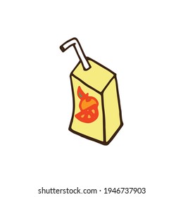 orange juice in the box package. orange juice icon. cardboard packaging with straw. white background. hand drawn vector. doodle art for logo, label, sticker, clipart, advertising, branding, poster. 