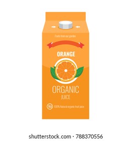 Orange juice box package with solid and flat color design style.