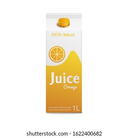 Orange juice box template isolated on white background, realistic drink carton with colorful yellow packaging. Natural citrus beverage container - vector illustration.