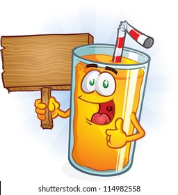 Orange Juice breakfast Cartoon Character Holding a wooden Sign