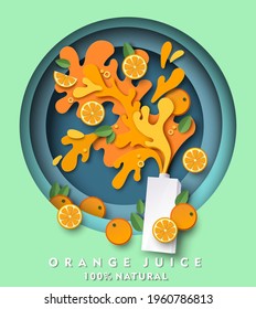 Orange juice carton pack mockup, fresh fruit, liquid splashes and drops. Vector illustration in paper art style. Natural citrus fruit juice ads template.