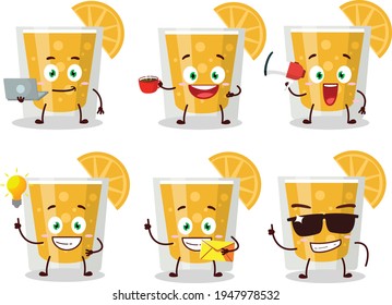 orange juice cartoon character with various types of business emoticons