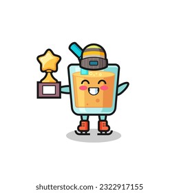 orange juice cartoon as an ice skating player hold winner trophy , cute style design for t shirt, sticker, logo element