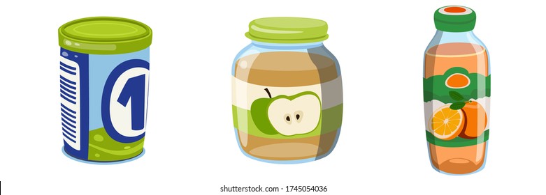 Orange Juice Cartoon Small Glass Bottle with Natural and Healthy Drink. Milk Formula Mix. Apple Jam, Jelly, Glass Jar. Organic Baby Food Puree. Three Mock Up Template Ready For Your Design.