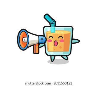 orange juice character illustration holding a megaphone , cute style design for t shirt, sticker, logo element