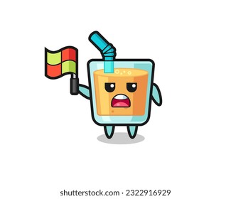 orange juice character as line judge putting the flag up , cute style design for t shirt, sticker, logo element
