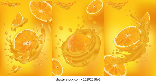 Orange juice close-up. Fresh orange juice. Splashes with orange. Vector graphics.