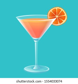 orange juice cocktail punch and orange slice in glass isolated on blue background