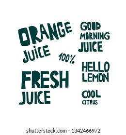 Orange juice, cold drinks hand drawn lettering set. Stylized multicolor phrases typography collection. T-shirt slogan. Soft drink, beverage, lemonade. Beach party, club banner, poster design elements