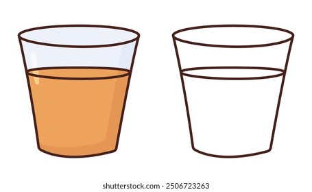 orange juice coloring page, outline glass with juice vector illustration, coloring book for children, kids education, colorful, line art