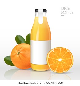 orange juice contained in glass bottle and real oranges, isolated white background