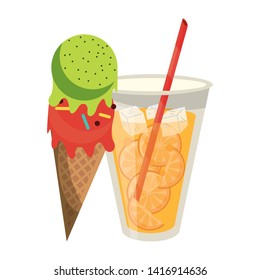 Orange juice cup and ice cream cone cartoon vector illustration graphic design