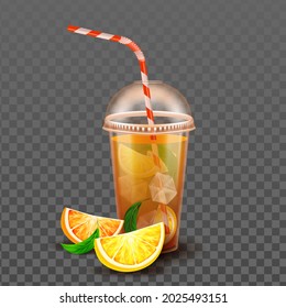 Orange Juice Cup With Ice Cubes And Straw Vector. Cold Prepared From Orange Juicy Ingredient And Mint Leaves. Relaxing Refreshment Beverage Package With Citrus Template Realistic 3d Illustration