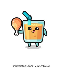 orange juice cute mascot is eating a fried chicken , cute style design for t shirt, sticker, logo element