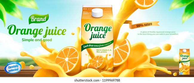 Orange juice drink banner ads with splashing beverage in 3d illustration on bokeh nature background