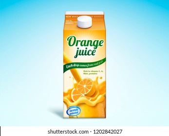 Orange juice drink carton mockup in 3d illustration on blue background svg