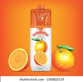Orange juice drink carton mockup in 3d illustration on orange background svg