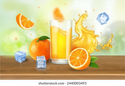 Orange juice drink glass Advertising banner ads with splashing beverage. Orange fruits, ice cubes on bokeh nature background