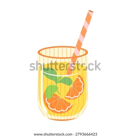 Orange juice drink vector illustration. Ribbed glass with citrus slices, mint leaves and striped straw isolated on white background. Summer beverage clipart for food blog, menu and cafe design