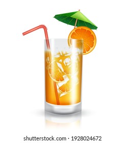 Orange juice element vector design. Orange citrus drinks isolated in white background with cocktail umbrella, ice cubes and fruit slice elements for summer tropical season beverage.