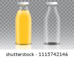 Orange juice empty and full glass bottle mockup set. Vector realistic illustration isolated on transparent background. Fruit drinks packaging design templates.
