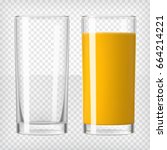 Orange juice and an empty glass. Fruit organic drink. Healthy diet. Clean eating. Tall glass with beverage. Transparent photo realistic vector illustration.