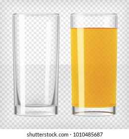 Orange juice and an empty glass. Transparent photo realistic vector illustration.