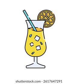 Orange Juice Flat design style, orange-yellow drink with citrus slice and ice in a short glass, great for breakfast menu illustrations and summer-themed graphics.