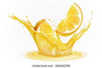 Orange juice. Fresh fruit and splashes. Orange in a splash of juice on a transparent background. sliced orange 3d realistic vector. Citrus fruit liquid symbol, summer drink