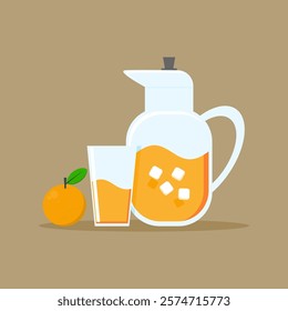 orange juice. fresh orange ice. cold orange flavored drink. healthy drink. vitamin c. vector illustration. orange juice in jug and glass