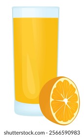 Orange juice with a fresh oranges beside the glass, vector