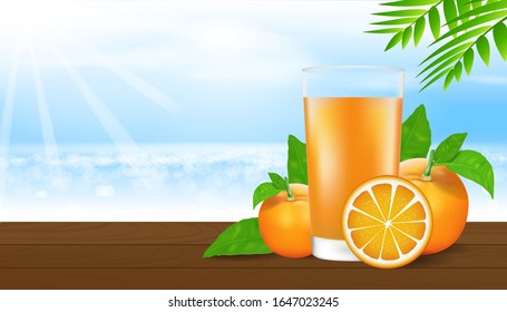 Orange juice and fruit with leaves isolated on nature summer background. Vector illustration in realistic style.