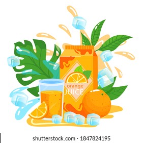 Orange juice fruit packaging vector illustration. Cartoon flat fresh cold orange juicy drink in glass, ice cubes and package of vitamin sweet product beverage for drinking or cooking isolated on white