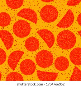 Orange juice. Fruit seamless pattern of oranges on an orange background.  Vector illustration