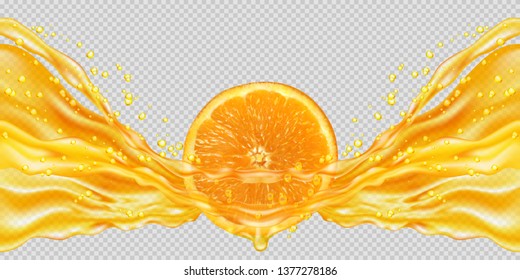 Orange juice and fruit. Transparent orange juice splash. Horizontal seamless pattern. The right and left sides of the illustration seamlessly fit together. Realistic vector illustration.