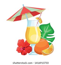Orange juice with fruit under beach umbrella with leaf and flower vector illustration graphic design