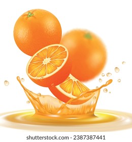 Orange juice. Fruits drops in liquid juice and making splashes. vector picture of healthy products