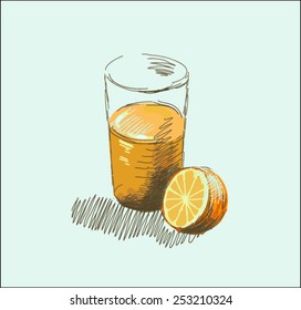 orange juice in glass and orange 