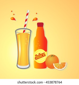 Orange Juice - Glass, Bottle and Orange Fruit. Vector Illustration
