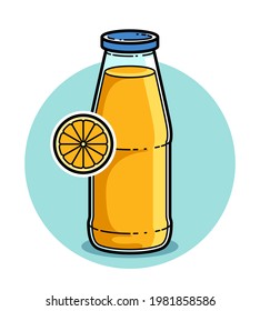 Orange juice in a glass bottle isolated on white background vector illustration, cartoon style logo or badge for pure fresh juice, diet food beverage delicious and healthy. 