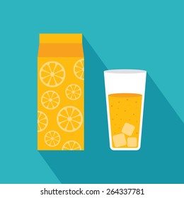 Orange juice glass and juice box icons. Flat icon with long shadow. Vector illustration