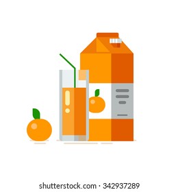 Orange Juice In Glass. Carton Box. Vector Illustration. Flat Design Style