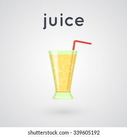 Orange juice in a glass. Cartoon simple illustration. Vector drink and word. 